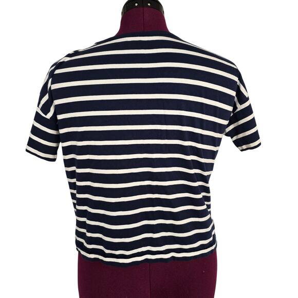 Women's LOFT Blue & White Striped Oversized Cropped Casual Tee | Size Small - Picture 2 of 6